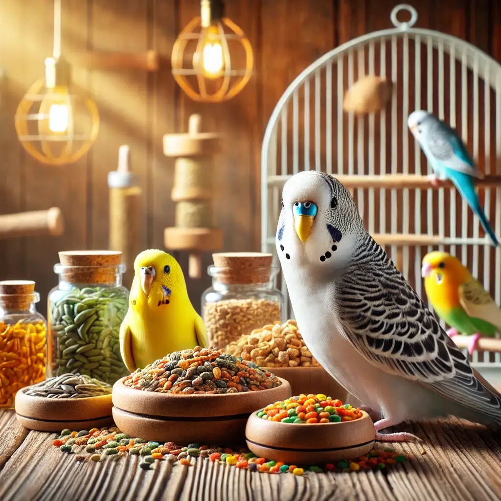 Muhabbet kuşu, papağan ve kanarya için çeşitli kuş yemleri, besin takviyeleri ve aksesuarları içeren bir masa düzenlemesi.